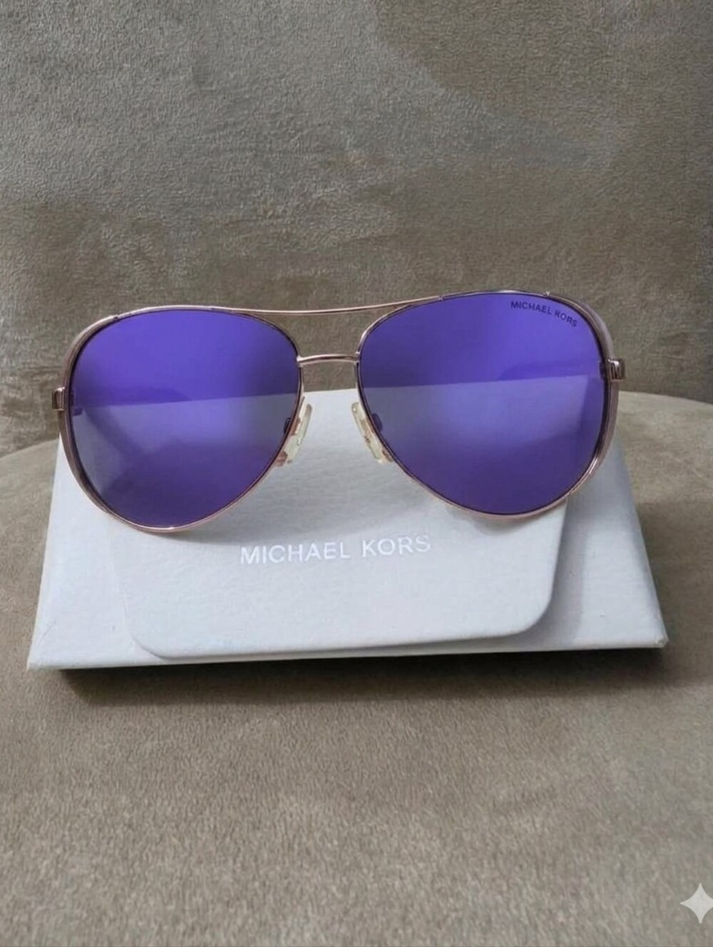 Michael Kors Chelsea Rose Gold Aviator Sunglasses with Purple Mirrored Lenses